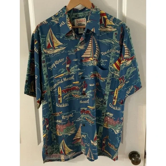 Vintage Alfred Shaheen by Reyn Spooner Rayon Hawaiian Shirt sz M Surf Sailboats‎